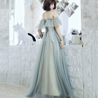 Cute tulle lace long prom dress A line evening dress - Thumbnail 3