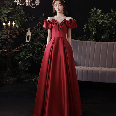 Burgundy satin long prom dress evening dress - Thumbnail 4