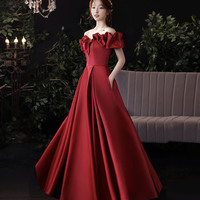 Burgundy satin long prom dress evening dress - Thumbnail 1