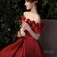 Burgundy satin long prom dress evening dress - Thumbnail 2