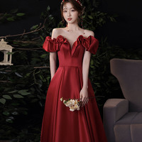 Burgundy satin long prom dress evening dress - Thumbnail 3