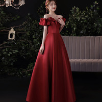 Burgundy satin long prom dress evening dress - Thumbnail 4