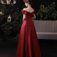Burgundy satin long prom dress evening dress - Thumbnail 5