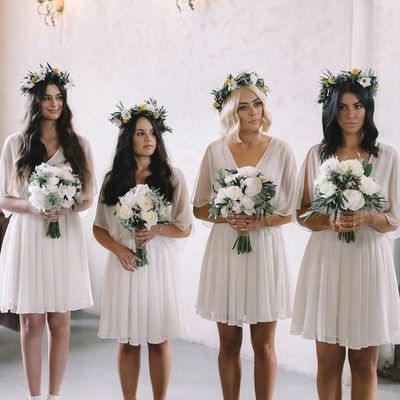 Simple a-line v neck short sleeve ivory chiffon short bridesmaid dresses，1138