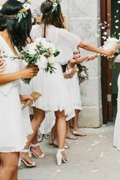 Simple A-Line V Neck Short Sleeve Ivory Chiffon Short Bridesmaid Dresses，1138