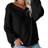 V-Neck Solid Color Long-Sleeved Sweater - Thumbnail 2