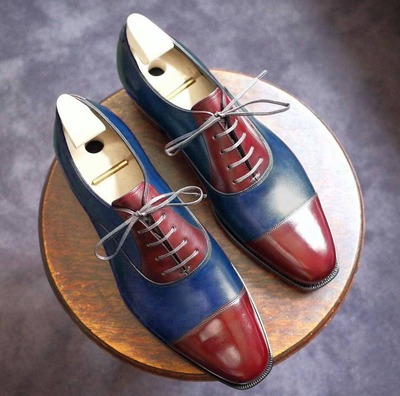 Men's Burgundy Blue Contrast Cap Toe Leather Lace Up Casual Wear Shoes