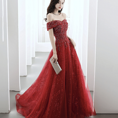 Red tulle sequins long prom dress evening dress - Thumbnail 4