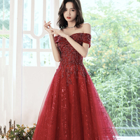 Red tulle sequins long prom dress evening dress - Thumbnail 1