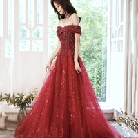 Red tulle sequins long prom dress evening dress - Thumbnail 2