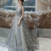 Gray tulle sequins long prom dress evening dress - Thumbnail 1