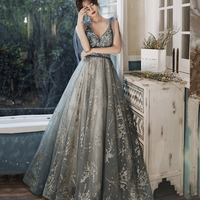 Gray tulle sequins long prom dress evening dress - Thumbnail 2