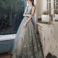 Gray tulle sequins long prom dress evening dress - Thumbnail 5