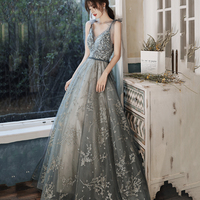 Gray tulle sequins long prom dress evening dress - Thumbnail 6