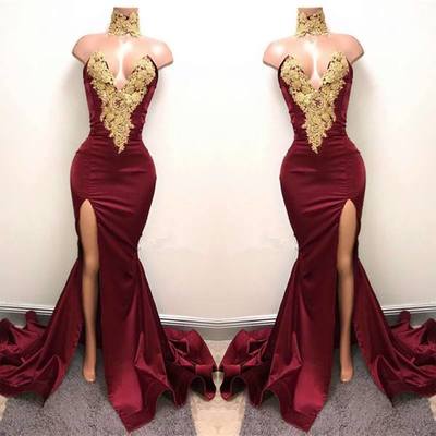 Sexy Mermaid Front-Split Lace High Neck Burgundy Prom Dresses，1146
