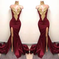 Sexy Mermaid Front-Split Lace High Neck Burgundy Prom Dresses，1146 - Thumbnail 2