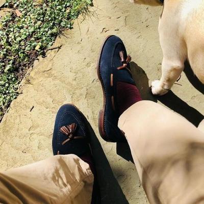 Decent wear navy blue brown suede shoes, men's tassels loafer formal shoes