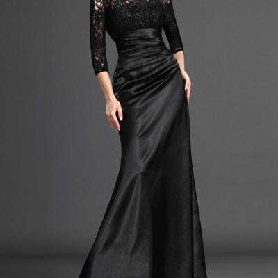 A-line off-the-shoulder 3 4 sleeves elastic woven satin dress,1148