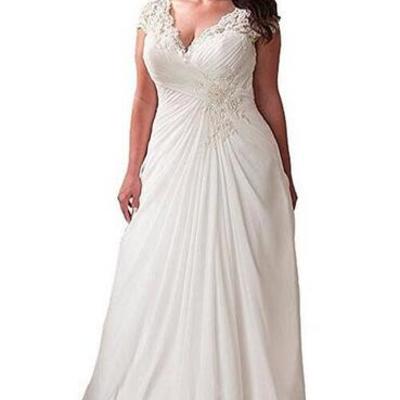 Elegant applique lace wedding dress back lace up v neck plus size beach bridal gowns