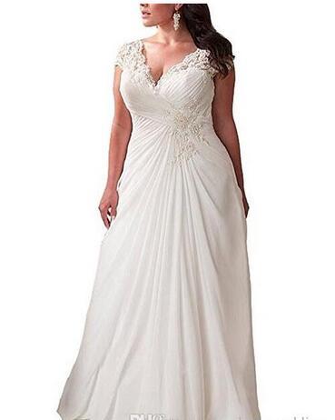 Elegant Applique Lace Wedding Dress back lace up V Neck Plus Size Beach Bridal Gowns