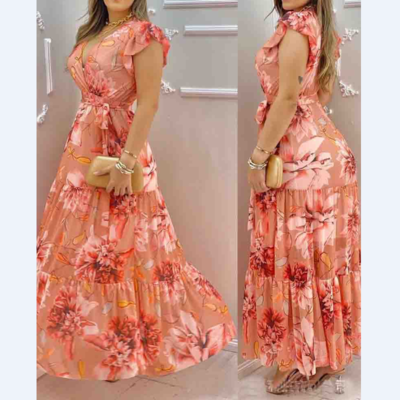 Pink Printed V-Neck Chiffon Dress