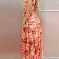 Pink Printed V-Neck Chiffon Dress - Thumbnail 2