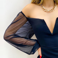 Black Long-Sleeved One-Shoulder Tight Dress - Thumbnail 1