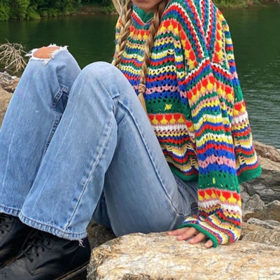 Colorful striped crochet-knit sweater 