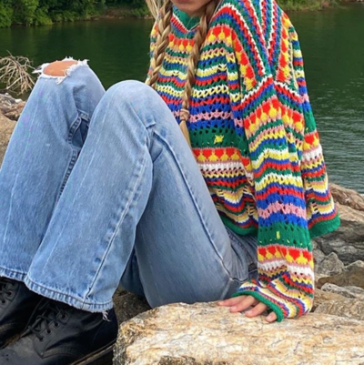 COLORFUL STRIPED CROCHET-KNIT SWEATER 