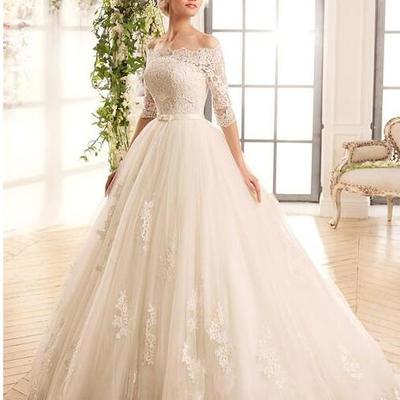 Off shoulders wedding dresses romatic button back half sleeves lace appliques a-line novia bridal gowns with belt