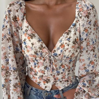 White Floral Long Sleeves Chiffon Shirt Top - Thumbnail 1