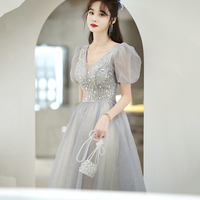 Gray tulle beads long prom dress evening dress - Thumbnail 1