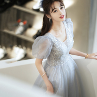 Gray tulle beads long prom dress evening dress - Thumbnail 2