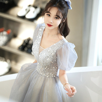 Gray tulle beads long prom dress evening dress - Thumbnail 3