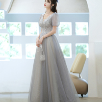 Gray tulle beads long prom dress evening dress - Thumbnail 4