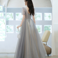 Gray tulle beads long prom dress evening dress - Thumbnail 5