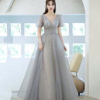Gray tulle beads long prom dress evening dress - Thumbnail 7