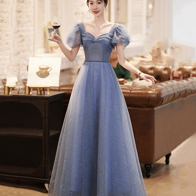 Blue tulle long a line prom dress evening dress - Thumbnail 2