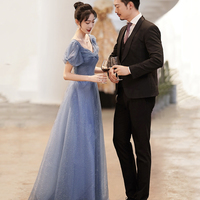 Blue tulle long A line prom dress evening dress - Thumbnail 3