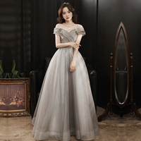 Cute tulle sequins long prom dress A line evening dress - Thumbnail 5