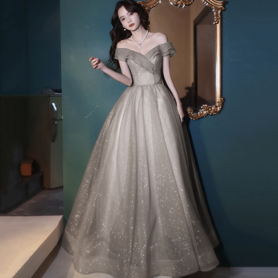 Cute tulle sequins long prom dress a line evening dress - Thumbnail 3