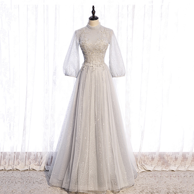 Gray lace sequins long prom gown evening dress - Thumbnail 3