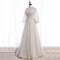 Gray lace sequins long prom gown evening dress - Thumbnail 1