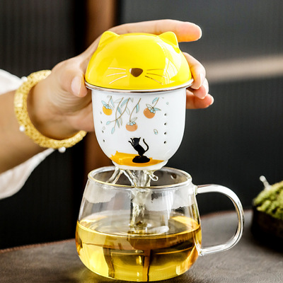 Cat ear cup glass cat mug with lid creative couple cup filter ceramic tea cup office cup