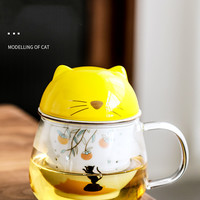 Cat ear cup glass cat mug with lid creative couple cup filter ceramic tea cup office cup - Thumbnail 2