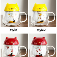 Cat ear cup glass cat mug with lid creative couple cup filter ceramic tea cup office cup - Thumbnail 1