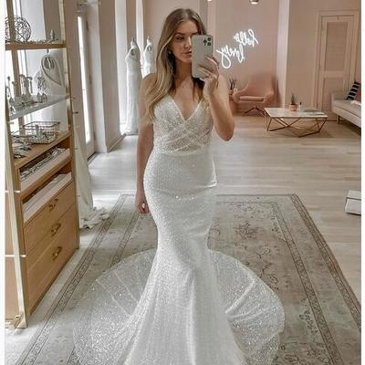 Simple beach deep v neck sparkle wedding dreses boho lace bridal gowns