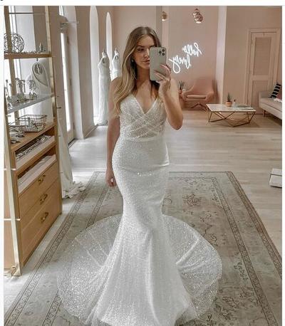 Simple Beach Deep V Neck Sparkle Wedding Dreses Boho Lace Bridal Gowns