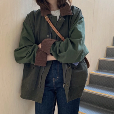 Free shipping-vintage corduroy-trimmed cotton twill jacket - Thumbnail 3