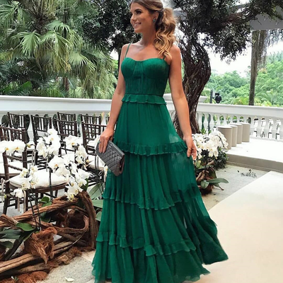 Sp1655,green chiffon layered long prom dresses,spaghetti straps evening gown - Thumbnail 3
